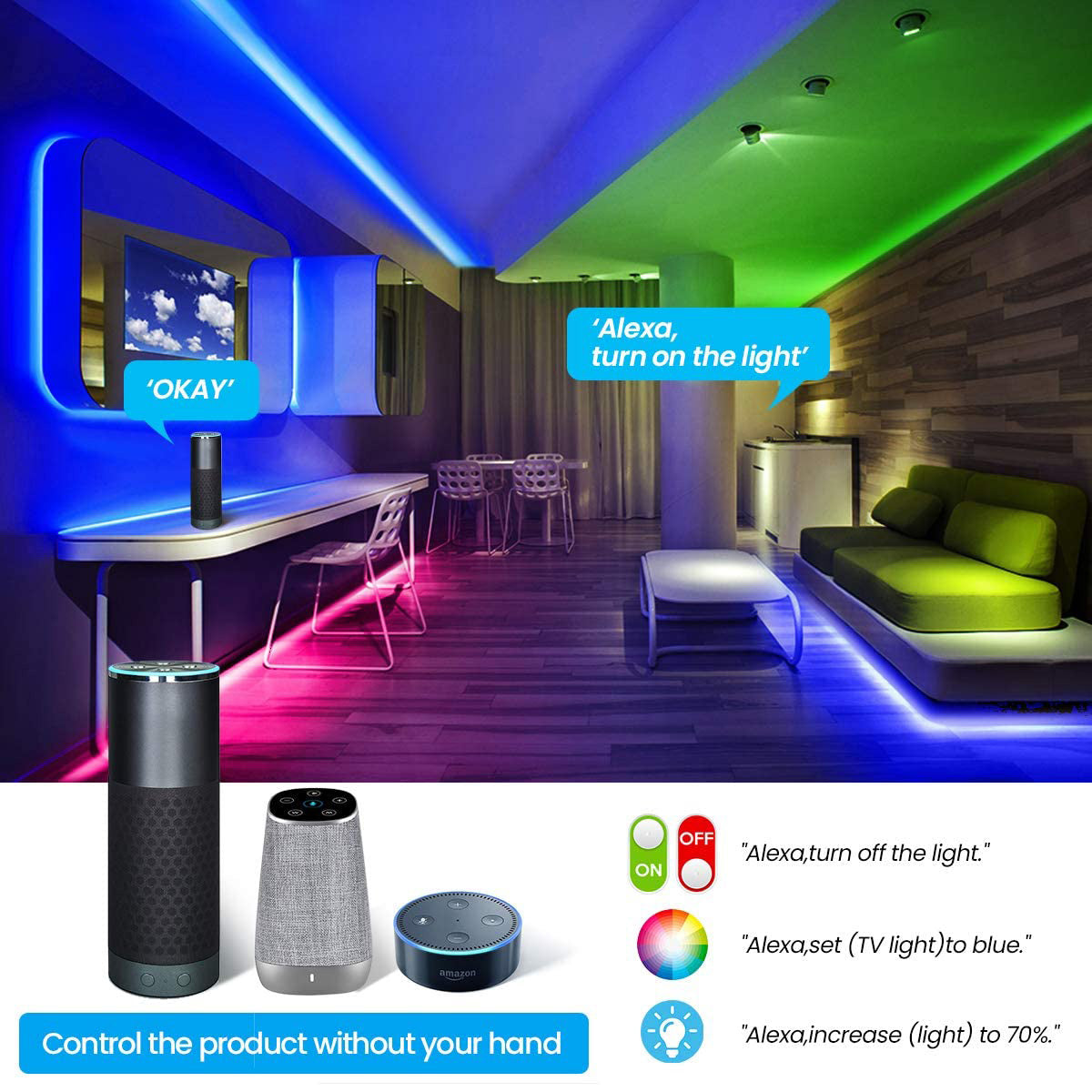 RGB LED Strip Lights Works with Alexa Google Assistant - AzraTec