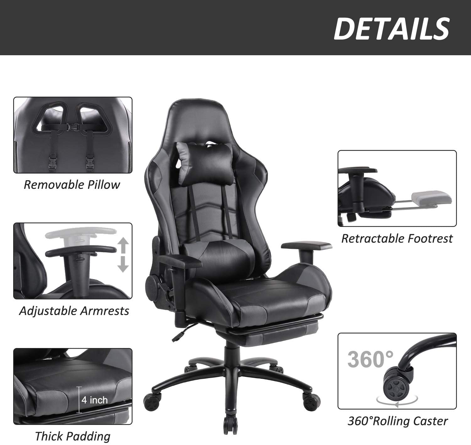 Ergonomic Swivel Gaming Chair With High Back PU Leather And Headrest - AzraTec